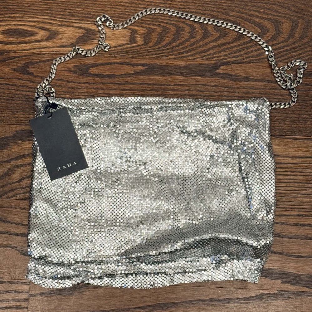 Zara silver shoulder metallic mesh bag - NWT - Picture 3 of 4